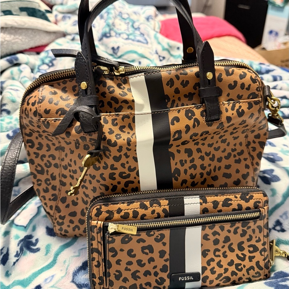 Fossil Brown and Black Satchel Set with Leopard Print